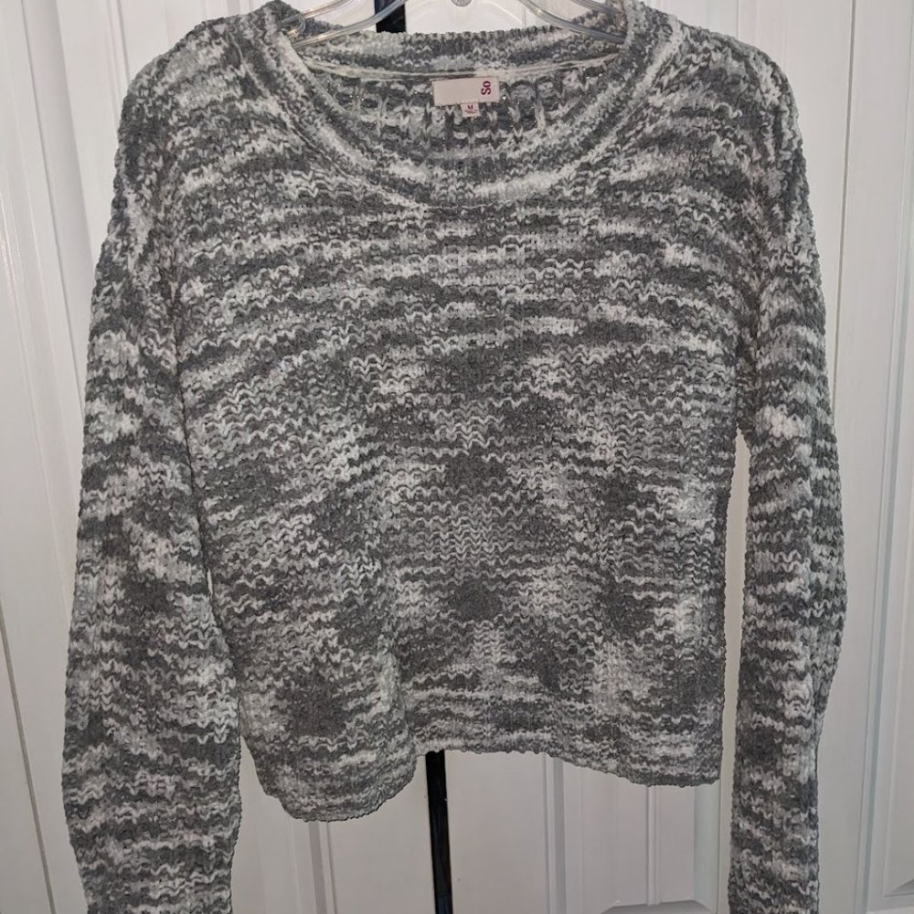 So Grey and White Crochet Crop Sweater Juniors M